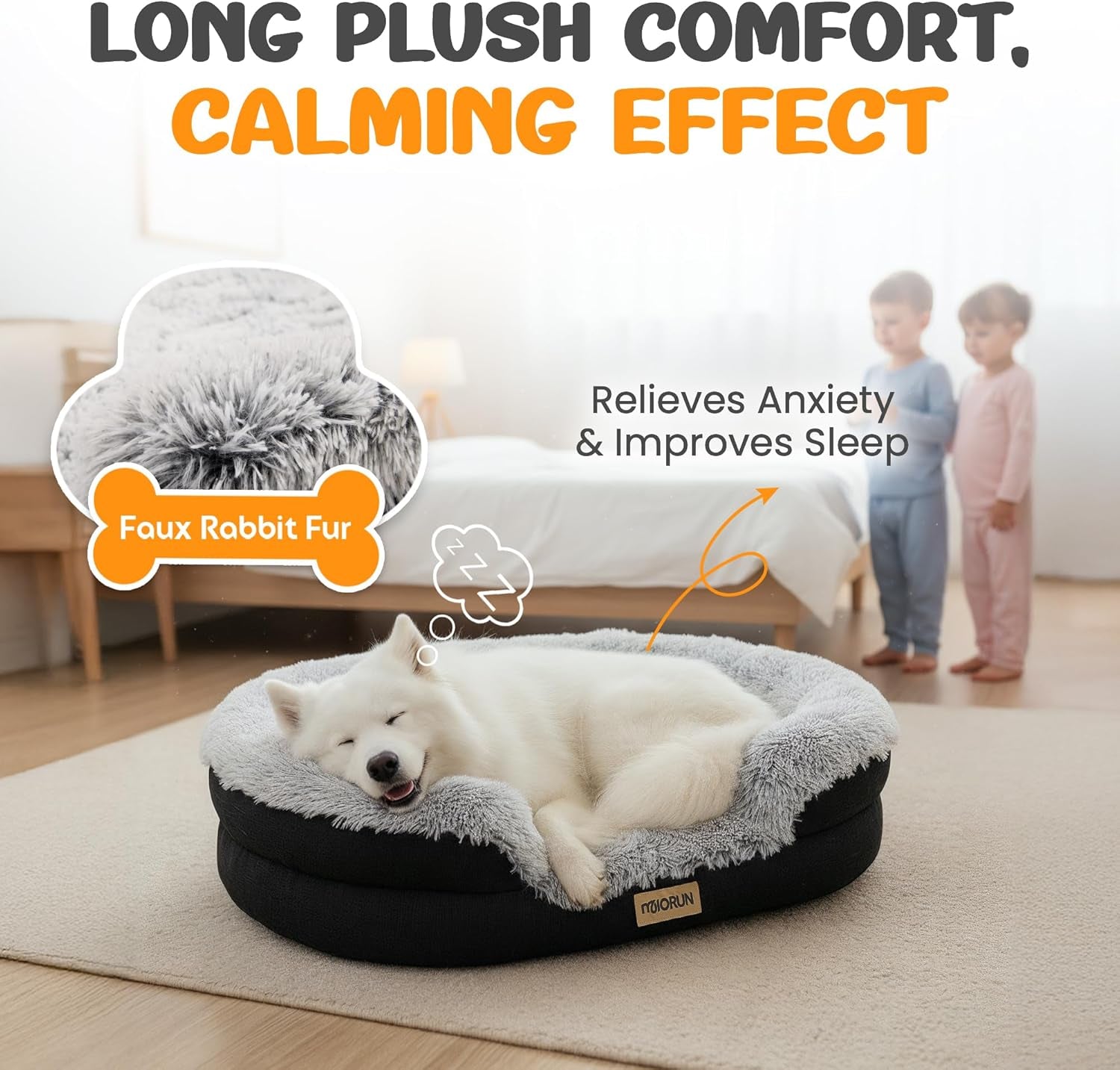 Fluffy Orthopedic Dog Bed for Large & Extra Large Dogs, Calming Plush Sofa Bed with Curved Bolster Support and Egg-Crate Foam Base, 43" Cozy Oval Pet Donut Bed with Washable Cover, Gray