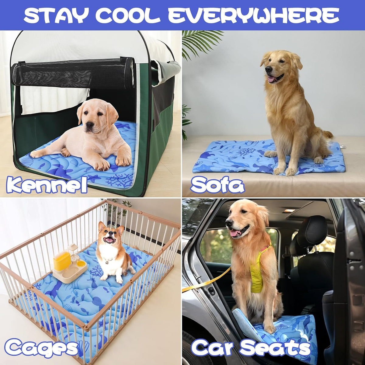 PAWCHIE Summer Dog Cooling Mat, Reversible Self-Cooling Mat for Large Dogs, Washable Pet Ice Cool Pad Blanket, Pet Sleeping Pad for Crate, Bed, Indoor & Outdoor Floor, Car Seats, Blue 48'' X 28''