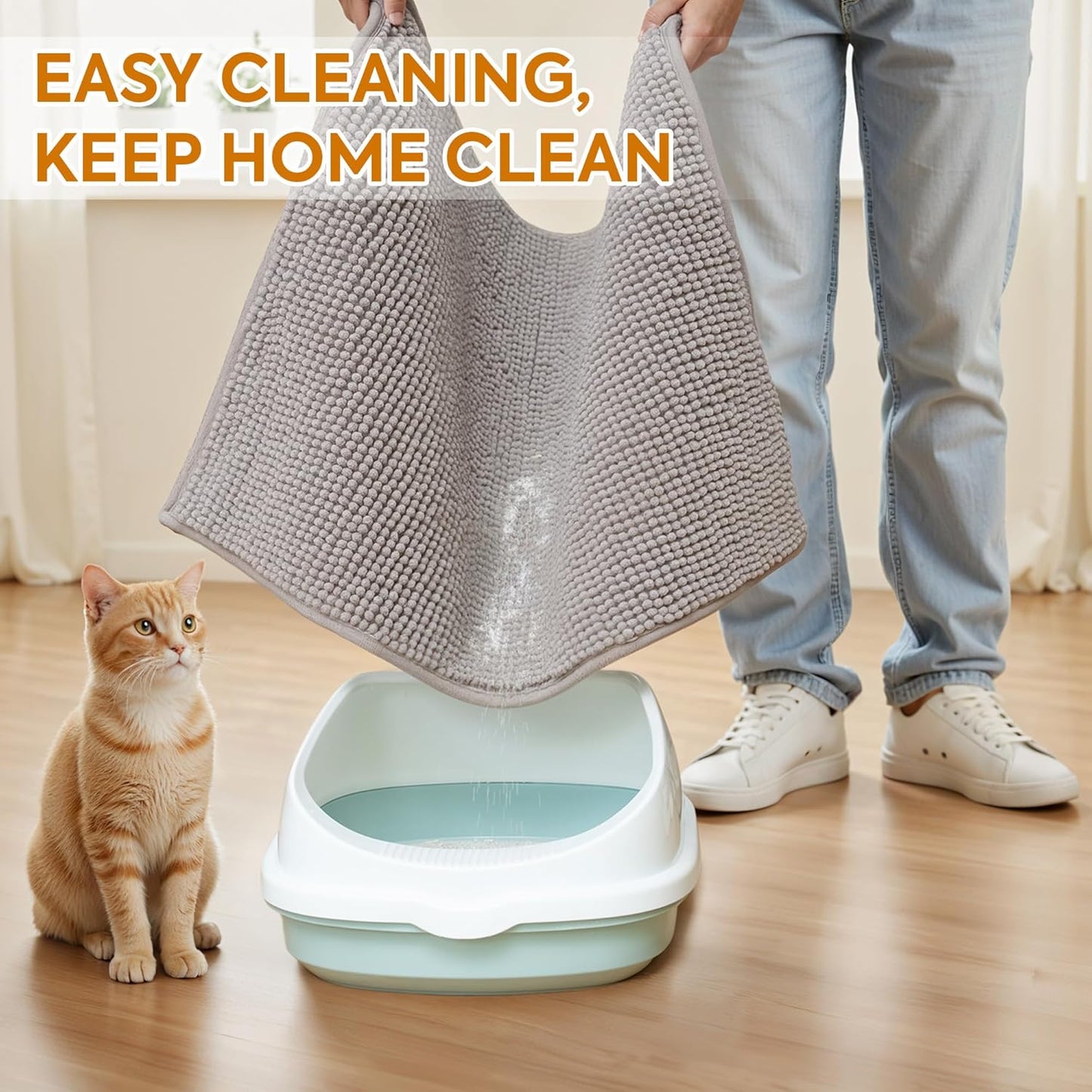 Pieviev Chenille Cat Litter Mat for Litter Box, 28"X22" Soft Ultra Absorbent Mat, Waterproof & Non-Slip, Easy to Clean Litter Trapping Mat for Indoor Cats, Gray