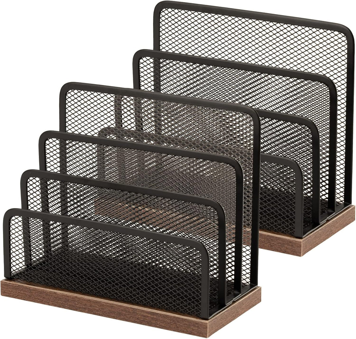 Wooden Desk Mail Organizer, Desktop File Organizer Metal Mesh with 3 Vertical Upright Compartments, Mail Sorter Letter Organizer Rack for Letters, Postcards, Brochures, Mail Holder (2 Pack Black)