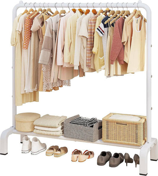 JIUYOTREE Metal Clothing Rack, 43.3 Inches Clothes Garment Coat Rack with Bottom Shelf for Hanging Skirts, Shirts, Sweaters, White