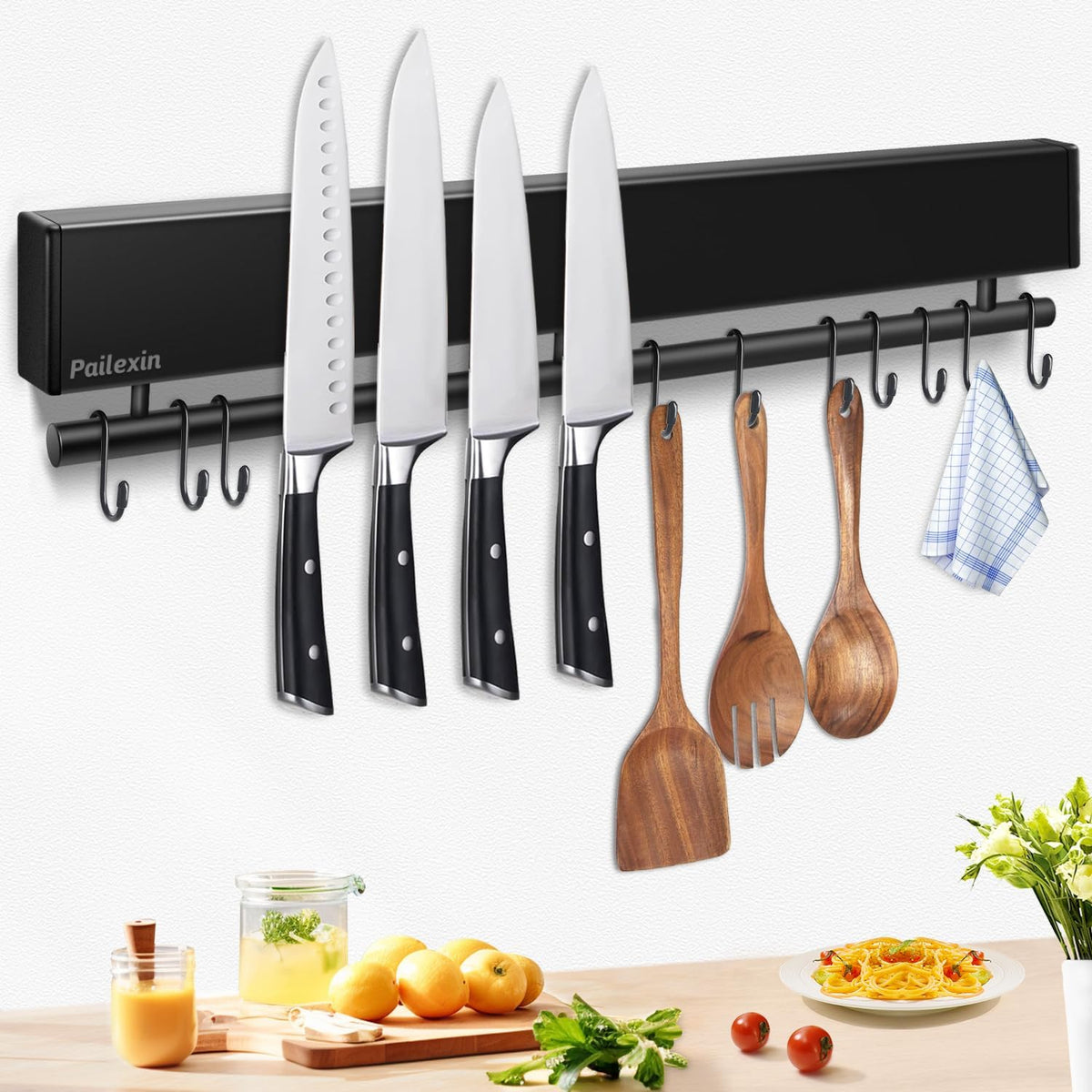 17 Inch Magnetic Knife Holder with 10 Hooks, No Drilling, Black