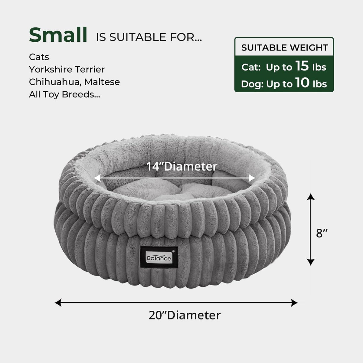 BALANCE Cat Bed Kitten Bed, Washable round Cat Beds for Indoor Cats, Super Soft Plush Faux Fur Pet Bed for Puppy and Kitten with Anti-Slip Bottom