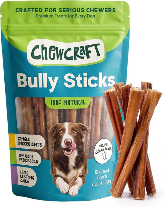 10 Count Bully Sticks for Dogs, 6 Inch, 100% Natural Beef Pizzle, Single Ingredient, Fully Digestible, Long Lasting Chews for Small and Medium Dogs, 6.3 Oz