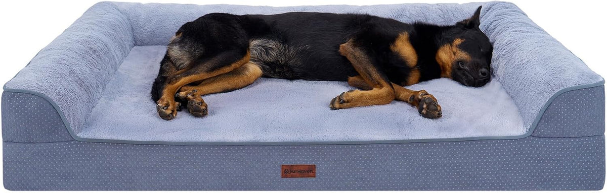 Furhaven Jumbo plus (53"X40") Orthopedic Dog Bed – Certipur-Us Foam Sofa Pet Bed, Embossed Velvet, Removable Washable Cover, Steel Blue