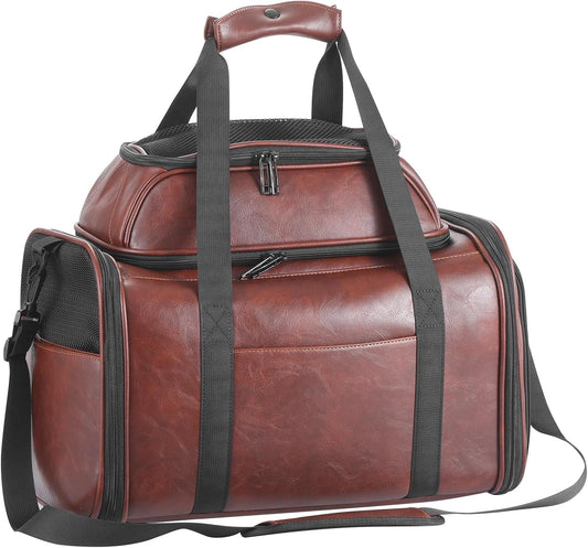 Premium Leather Top Expandable Pet Carrier for Small Dogs & Cats under 15 Lbs, Airline Approved Collapsible Soft-Sided Luxury Travel Bag Coffee