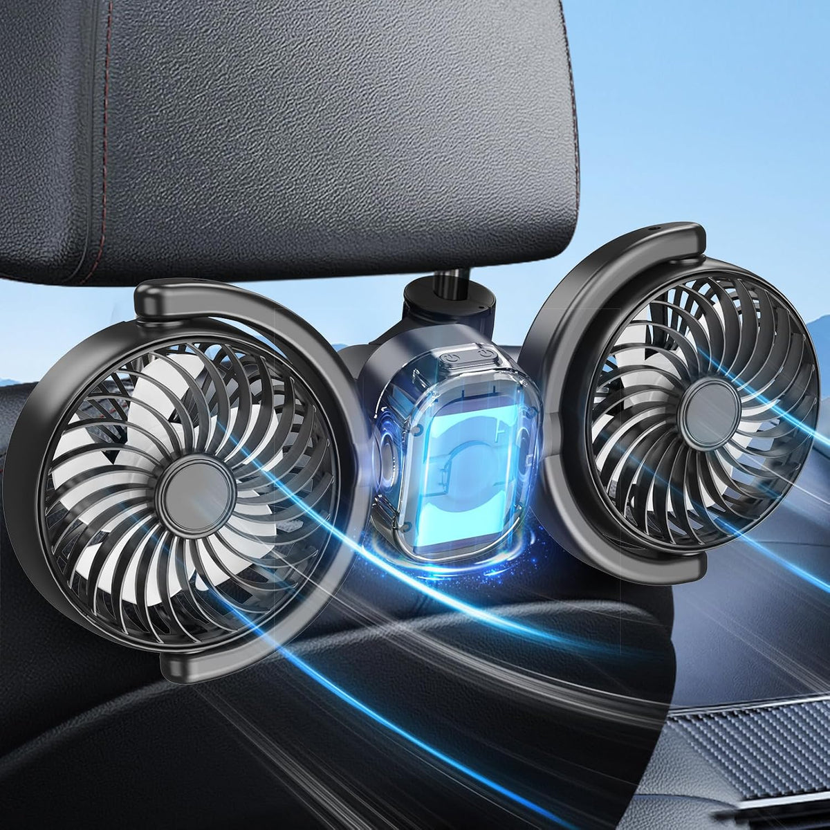 Dealswin Rechargeable Car Fan for Backseat, Battery and USB Dual Power Car Fans, Powerful 3 Speeds 360° Rotatable Dual Head Cooling Car Seat Fan for Sedan SUV RV Truck Vehicle