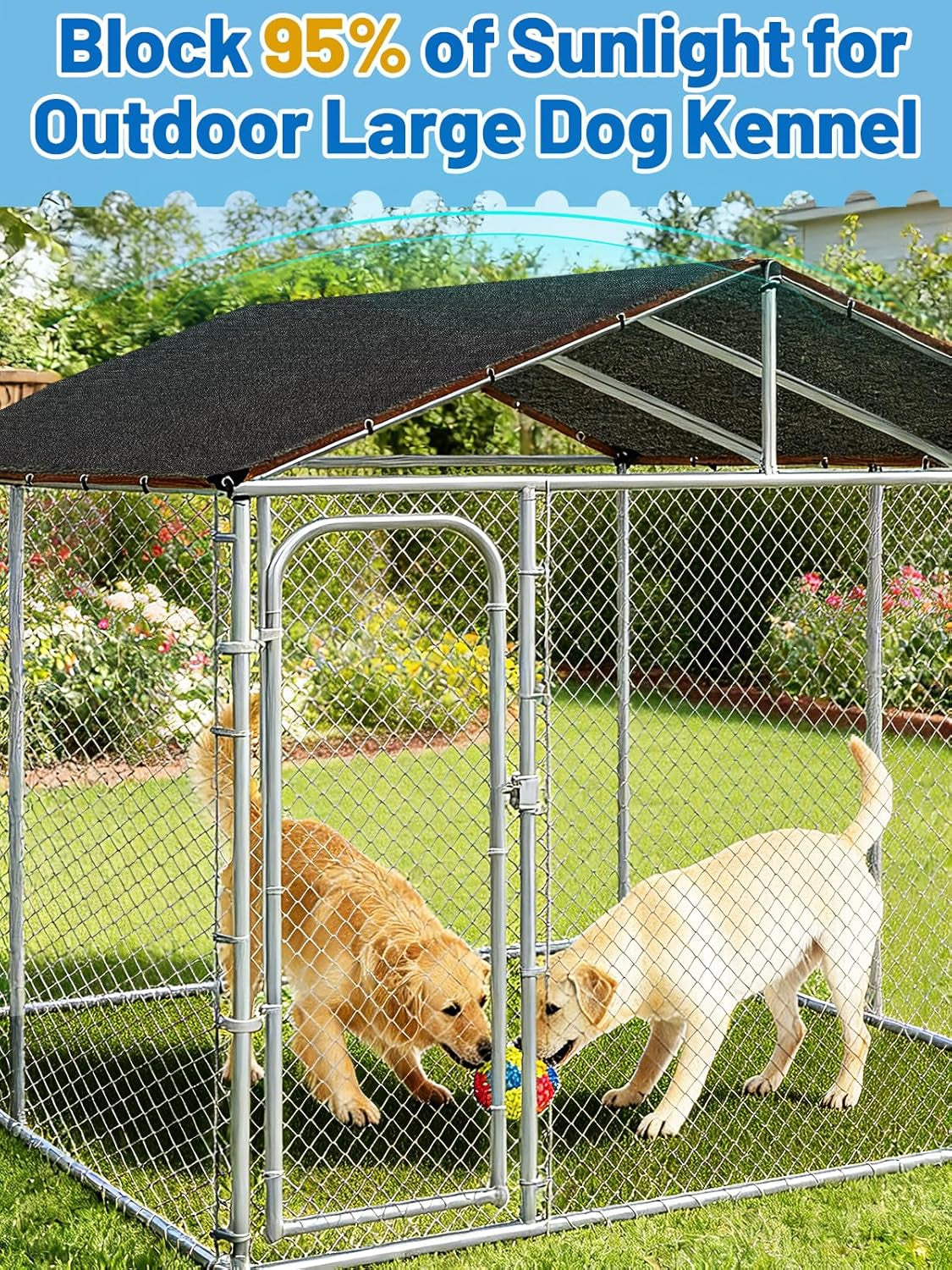 95% High Density Dog Kennel Shade Cover- 10 X 10Ft Upgrade Mesh Shade Panel with Grommets- Dog Cage Sunblock Shading Cloth Net Mesh Tarp with Rope for Outdoor Dog House Large Pet Crate Chicken Coop