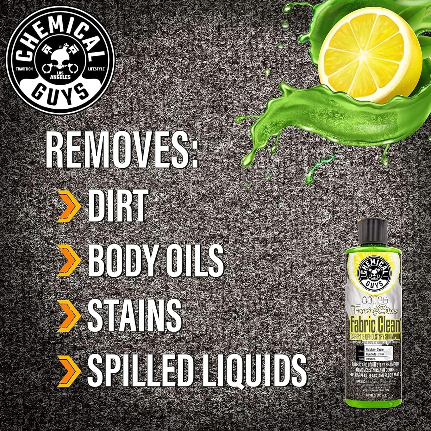 Chemical Guys Foaming Citrus Fabric Clean Drill Brush Kit - High Foaming Stain and Odor Remover, Upholstery, Floor Mat & Car Carpet Cleaner, Deep Cleans & Deodorizes, Citrus Scent - 16 Fl Oz