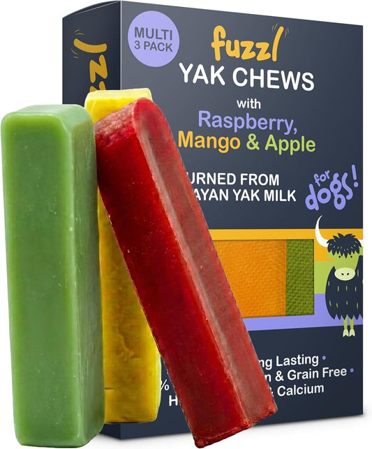 Fuzzl Raspberry, Mango, Apple Yak Chews for Dogs Box 3 225G | Natural Himalayan Yak Cheese Treats | Long-Lasting, Grain-Free, Antioxidant & Vitamin-Rich Dental Chews