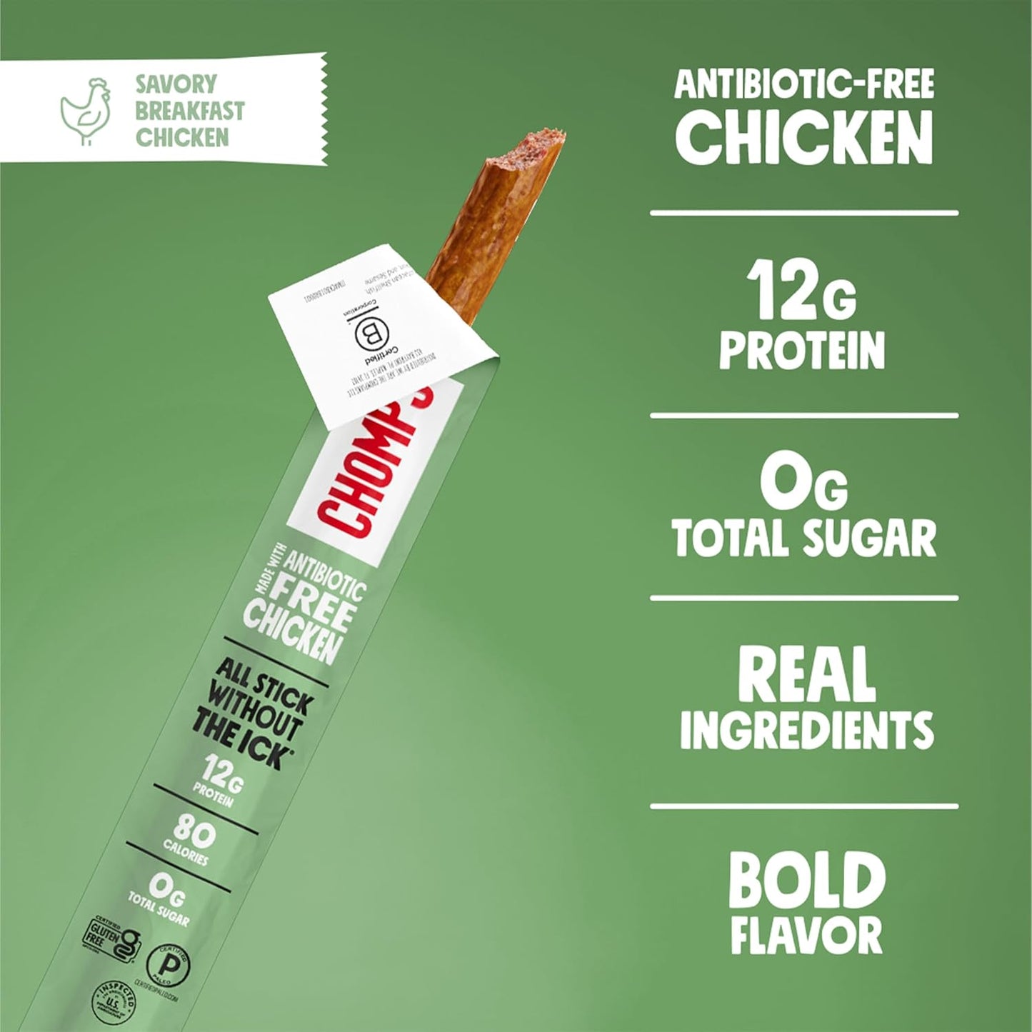 Chomps Savory Breakfast Chicken Jerky Meat Snack Sticks 10-Pack - Keto, Paleo, Low Carb, Whole30 Approved, 12G Lean Meat Protein, Gluten Free, Antibiotic Free, Zero Sugar Food