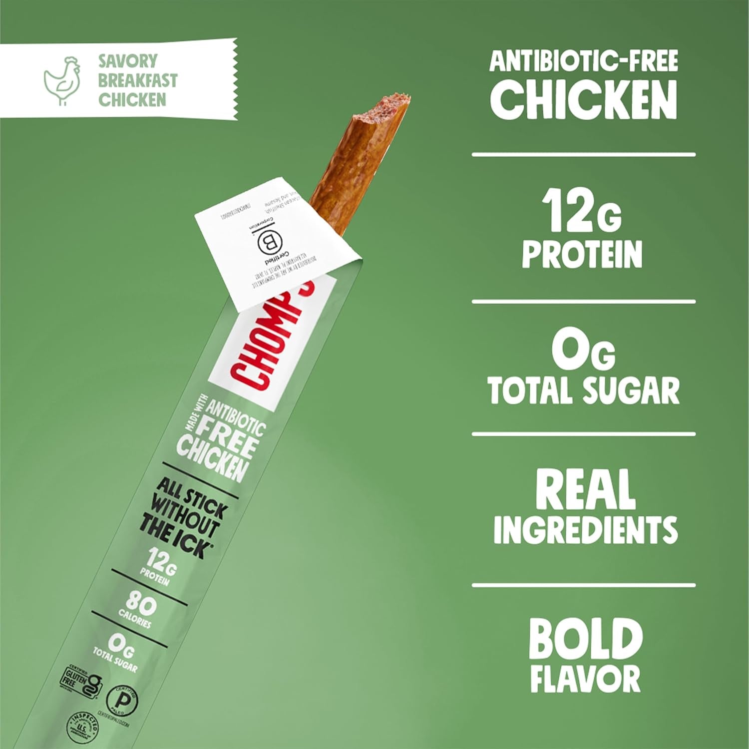 Chomps Savory Breakfast Chicken Jerky Meat Snack Sticks 10-Pack - Keto, Paleo, Low Carb, Whole30 Approved, 12G Lean Meat Protein, Gluten Free, Antibiotic Free, Zero Sugar Food