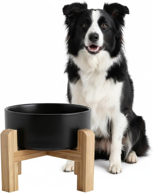 Hjn Elevated Ceramic Dog Bowl with Bamboo Stand, Raised Pet Feeding Station for Small Medium Dogs Cats, Modern Design with Anti-Slip Base (Black, 7.6Cup)