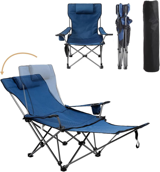 Reclining Folding Camping Chair with Footrest, Pillow & Cup Holder Blue