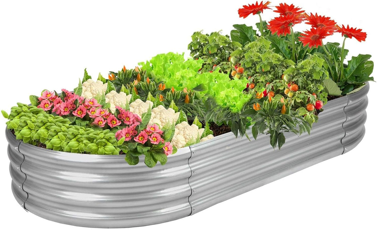 Rakukiri Raised Garden Bed GRS Certified Galvanized Planter Box Outdoor, 5Ft Oval Rot-Resistant Metal Garden Bed Planter, Recycled Material Planter for Vegetables Flowers Herbs (Silver)