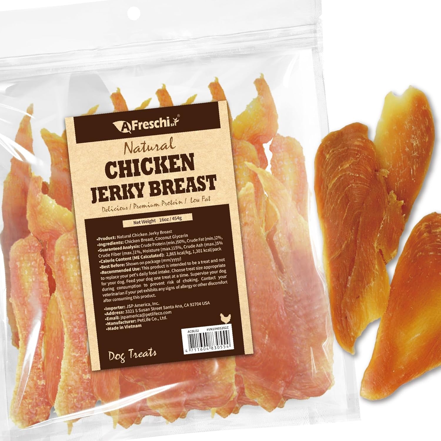 A Freschi Srl Chicken Jerky for Dog, All Natural Dog Treat, High-Protein, Healthy & Easily Digestible, Grain-Free Puppy Chews, Training & Rewards Dog Snacks, Chicken Breast Jerky, 16 Oz Pack