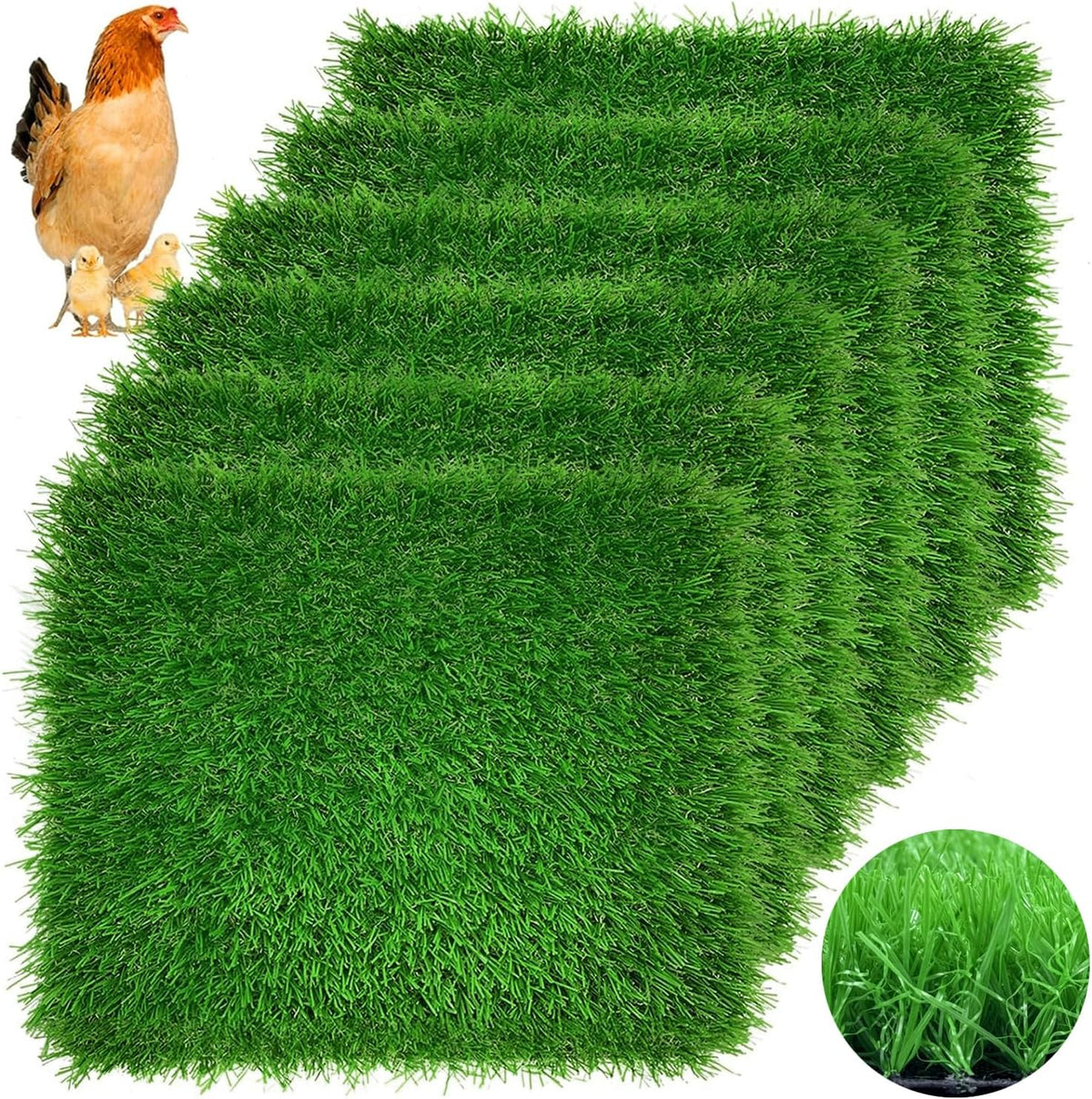 Irieiply 6 Pack 12"X12"X1.2" Chicken Nesting Pads for Laying Eggs, Washable Artificial Spring Grass Carpet Synthetic Turf Mat Nest Box Bedding for Chicken Coop