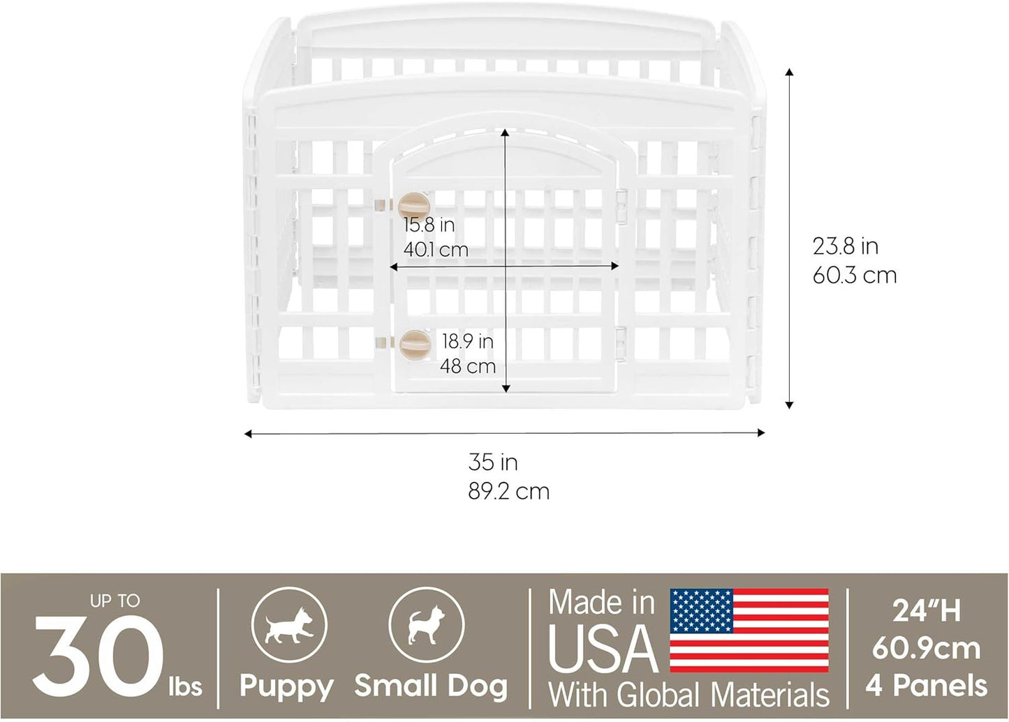 IRIS USA Dog Playpen with Door, 24” 4 Panel Pet Exercise Pen – Indoor Outdoor Puppy Play Pen, Portable Plastic Pet Fence for Small Medium Dogs, Foldable 35” X 35” X 24”, White