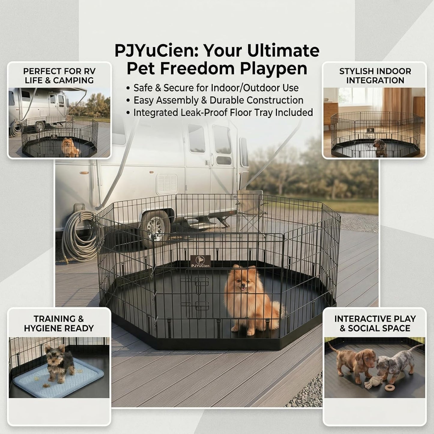 Pjyucien Dog Playpen with Bottom Pad - Metal Foldable Exercise Pen, 8 Panels 24" H X 24" W Indoor Outdoor Pet Fence Puppy Crate Kennel, Black