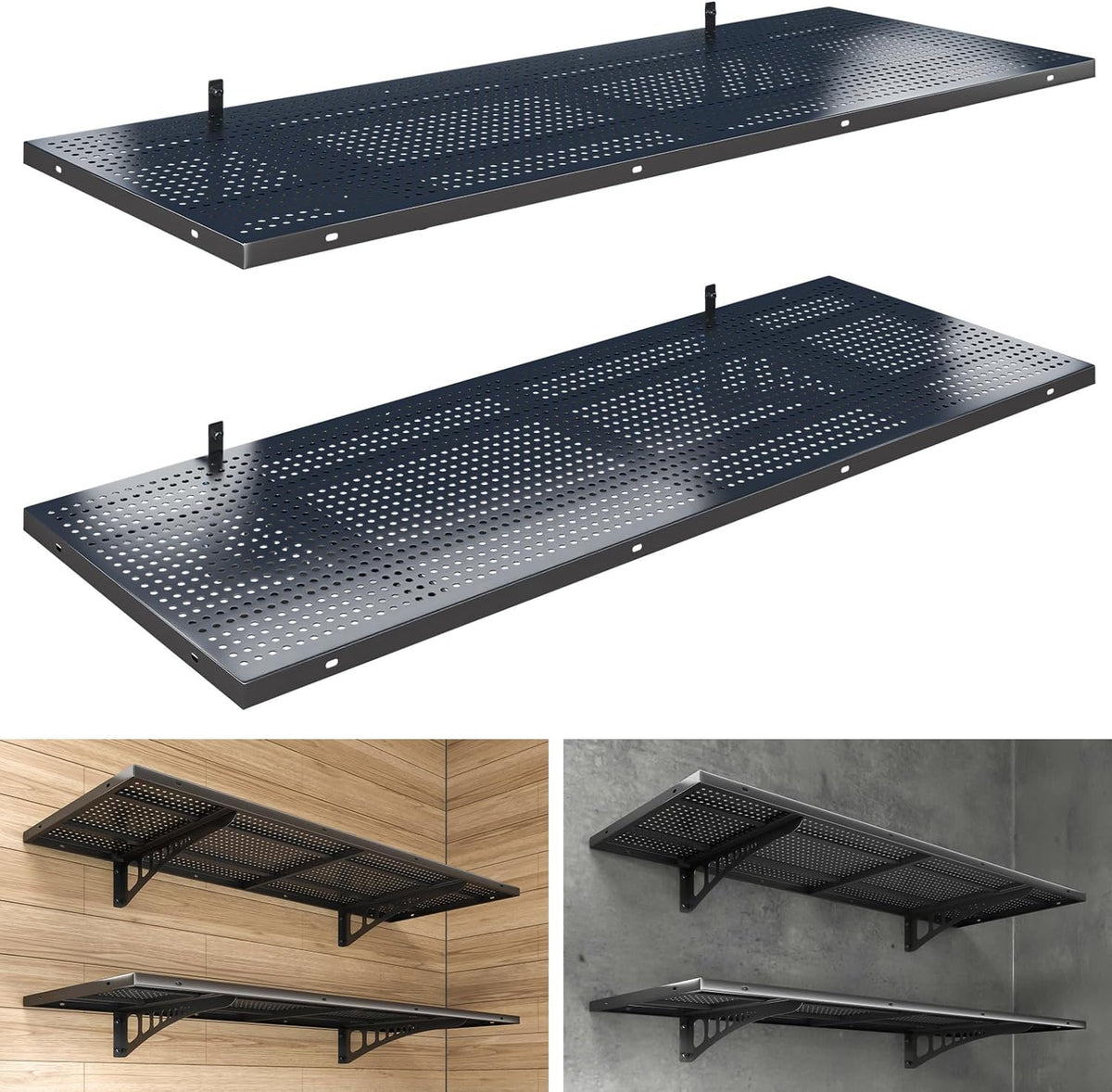 2-Pack 1.5X4Ft Heavy Duty Garage Wall Shelving, 500 Lbs Load Capacity, Garage Shelving Wall Mounted, Garage Storage Rack with Hooks, Black