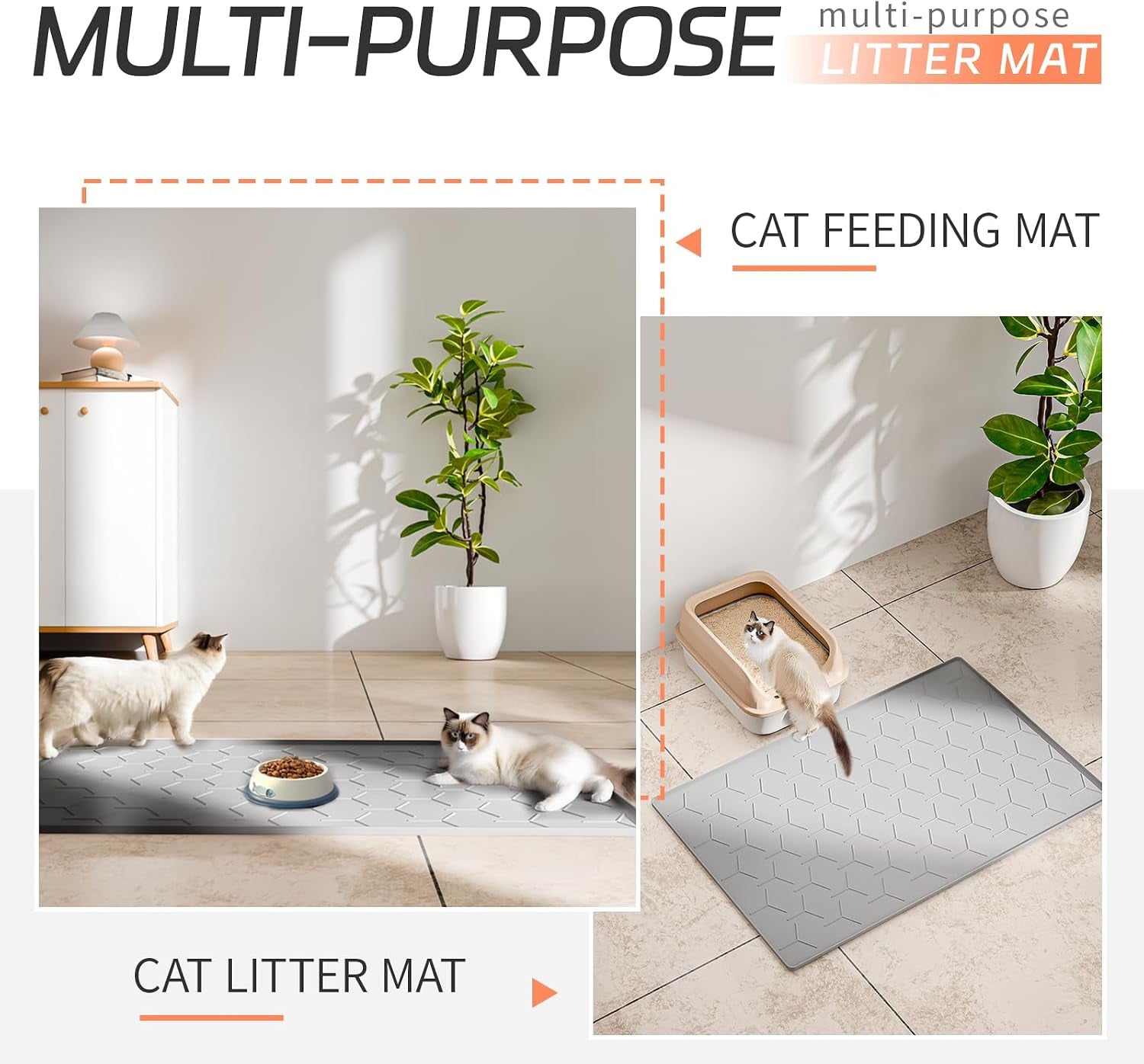 Bulkniu Large Silicone Cat Litter Mat, Waterproof/Urineproof, Litter Recycling, Easy to Clean, Soft on Kitty Paw (22"X34"- Grey)