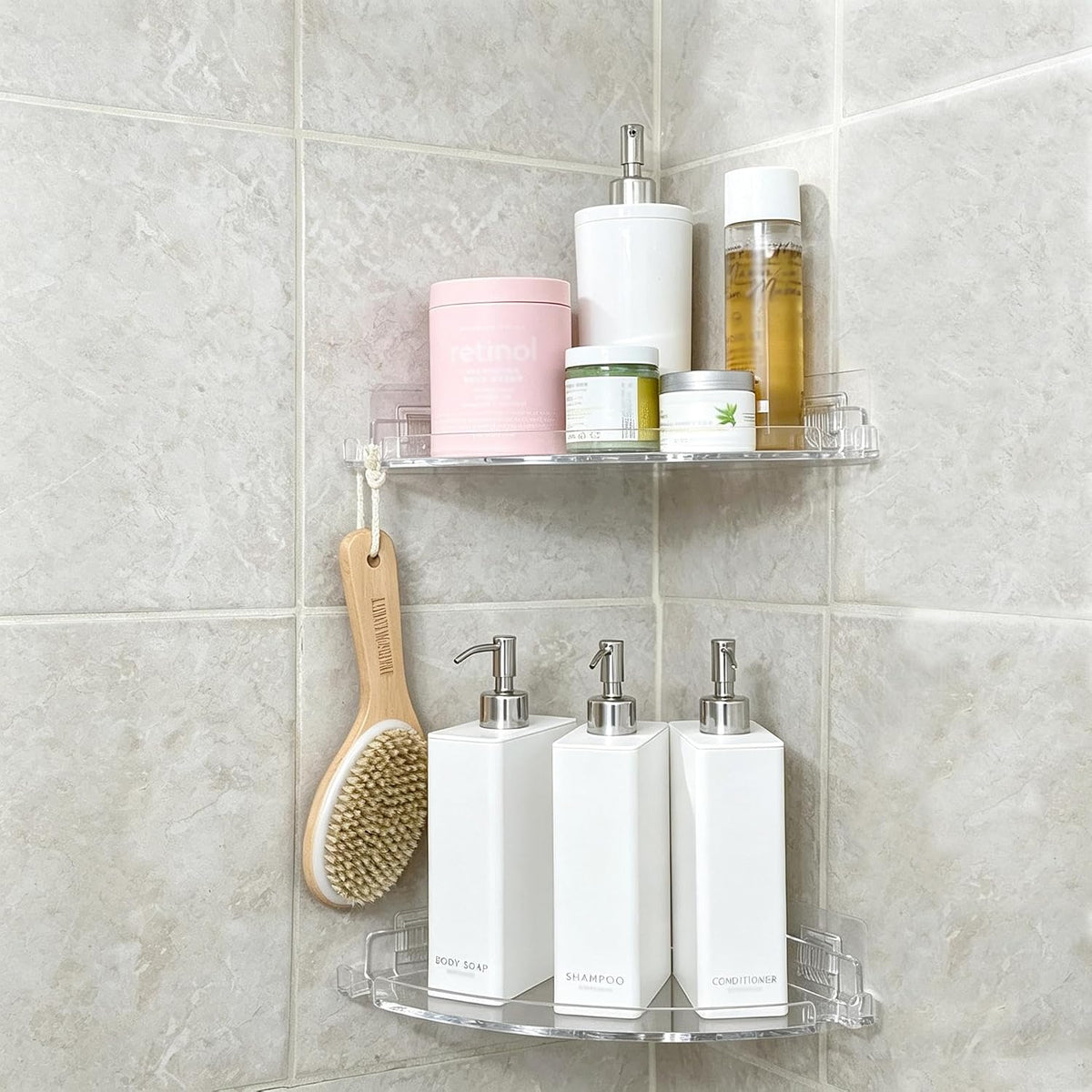 Jiepai Adhesive Acrylic Corner Shower Shelves 2 Pack, Clear Shower Caddy