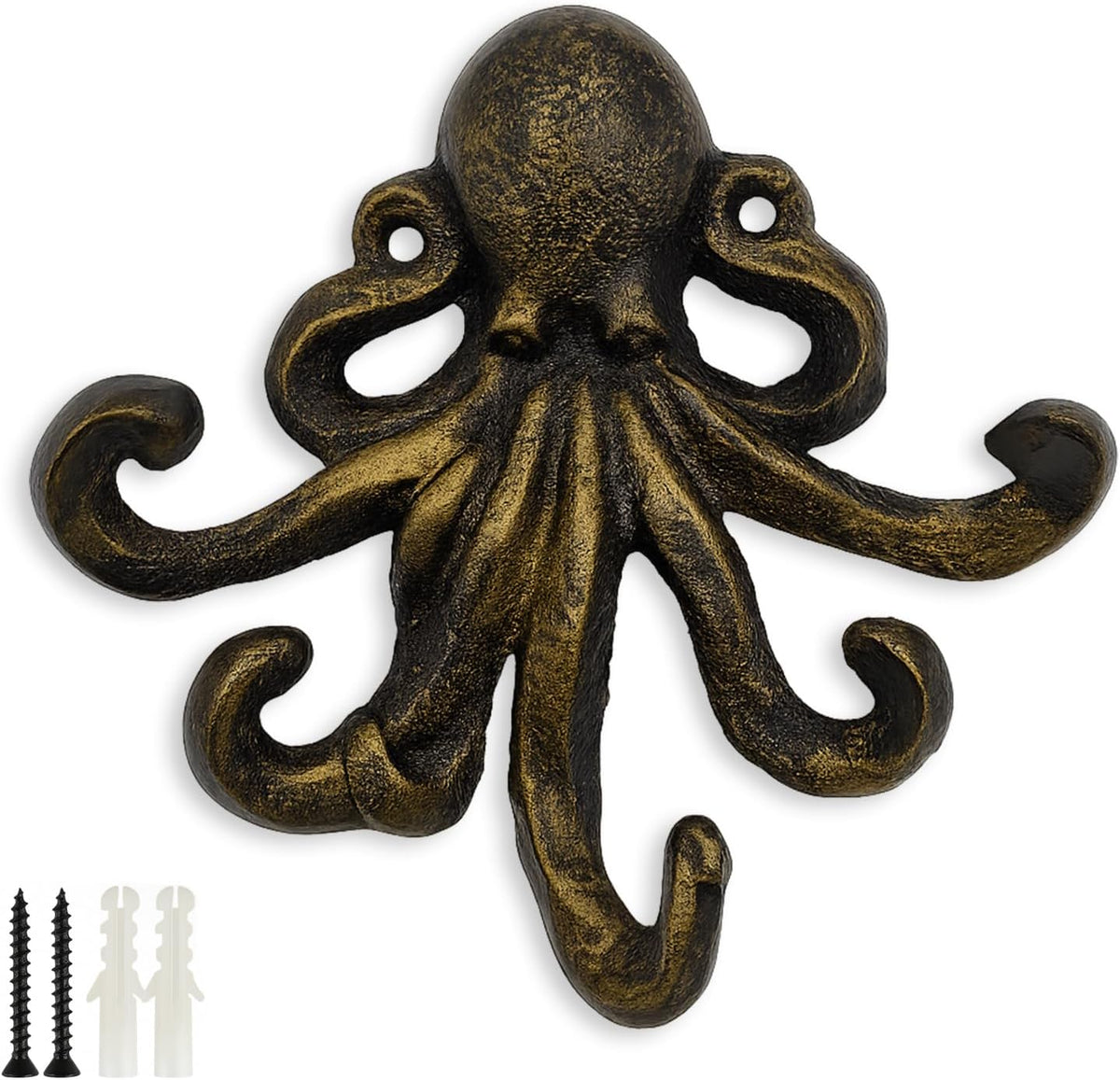 Octopus Cast Iron Wall Hook – Nautical Decorative Key Holder, Coastal Ocean Theme Animal Hook for Entryway, Bathroom, or Bedroom, Heavy Duty Antique Bronze