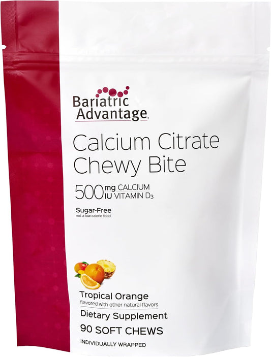 Bariatric Advantage Calcium Citrate Chewy Bites 500 Mg - Highly Absorbable & Digestible - Vitamin D3 - Easily Chewable Calcium Supplement - Tropical Orange - 90 Count