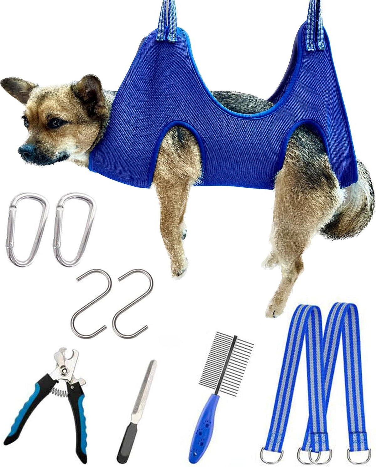 Kkiimatt 10 in 1 Dog Pet Grooming Hammock Harness with Nail Clippers/Trimmer, Dog Hammock for Nail Trim, Grooming Sling Hanger for Nail Trimming/Clipping (S/Under 30Lb, Blue)