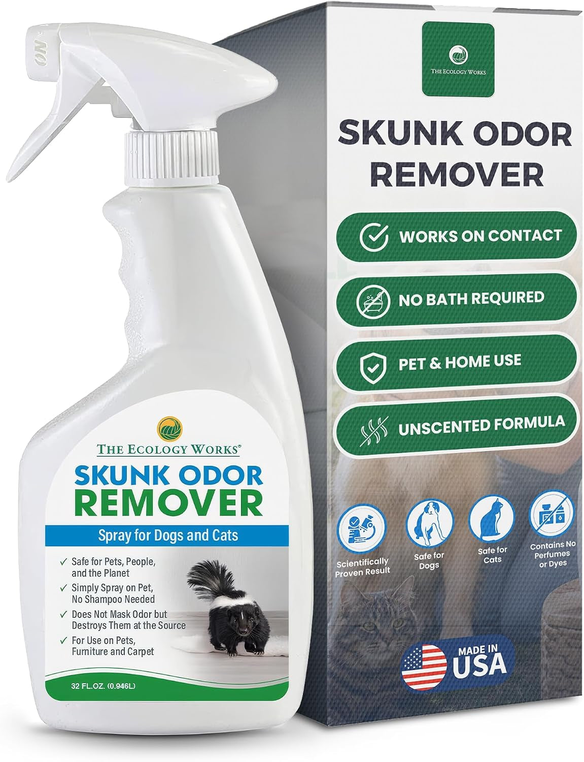Skunk Odor Remover for Dogs & Pets| Spray on Your Pet, Clothing, Furniture, Carpet| No Masking of Odor, Works on Contact| Made in USA- 32 Ounces
