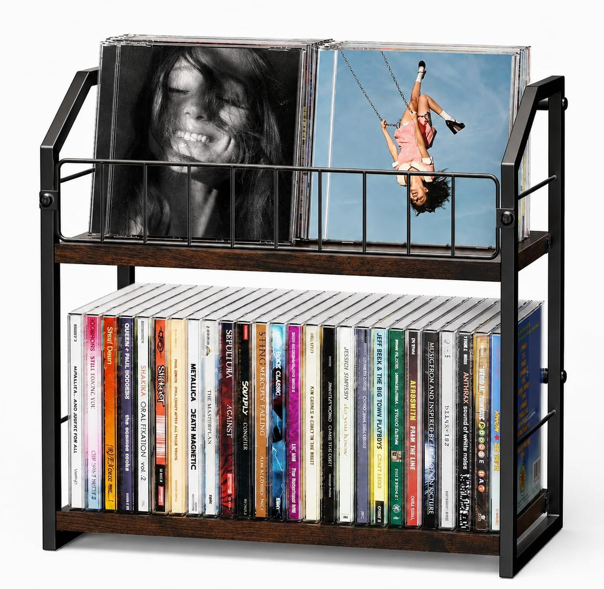 CD Storage Rack, 2 Tier CD Holder with Display Shelf, Holds 60 Cases-Brown