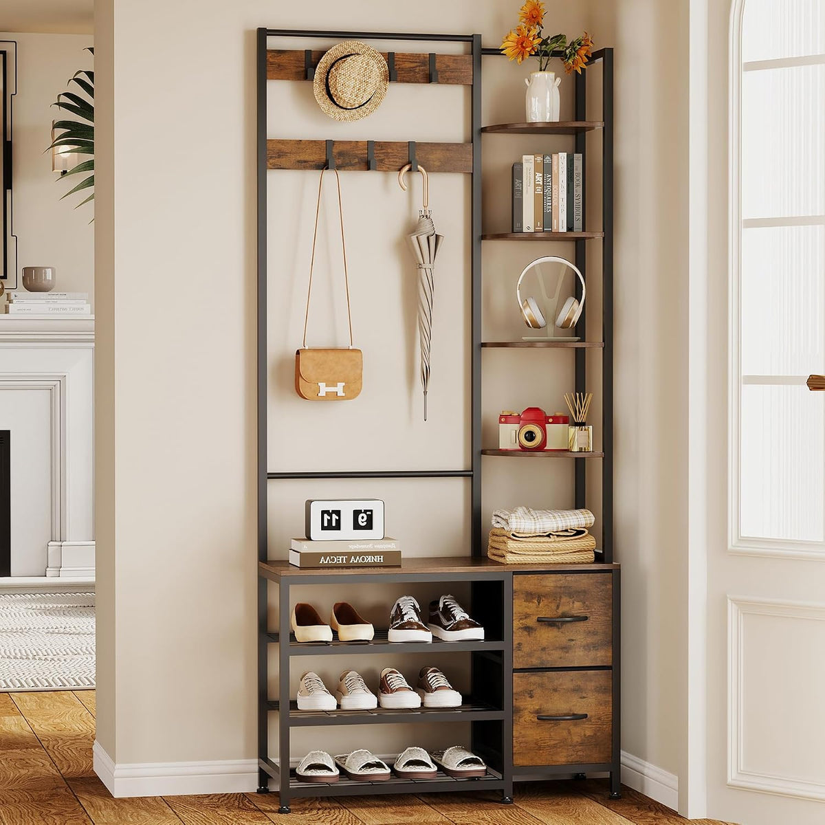 Giftgo Hall Tree with Shoe Storage 31.5" Entryway Coat Rack with 4 Shelves Floor Standing Clothes Rack Shoes Shelf Organizer for Home Office Bedroom