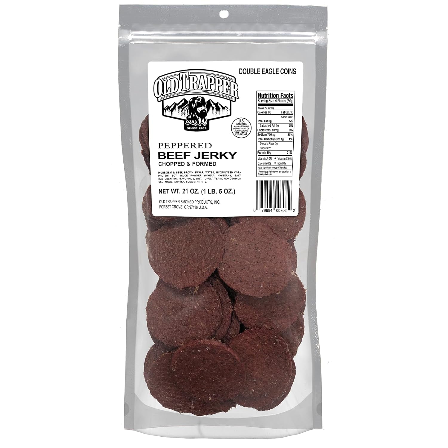 Old Trapper Peppered Double Eagle Beef Jerky | Real Wood Smoked | 10G of Protein | 1 Bag (80 Pieces)