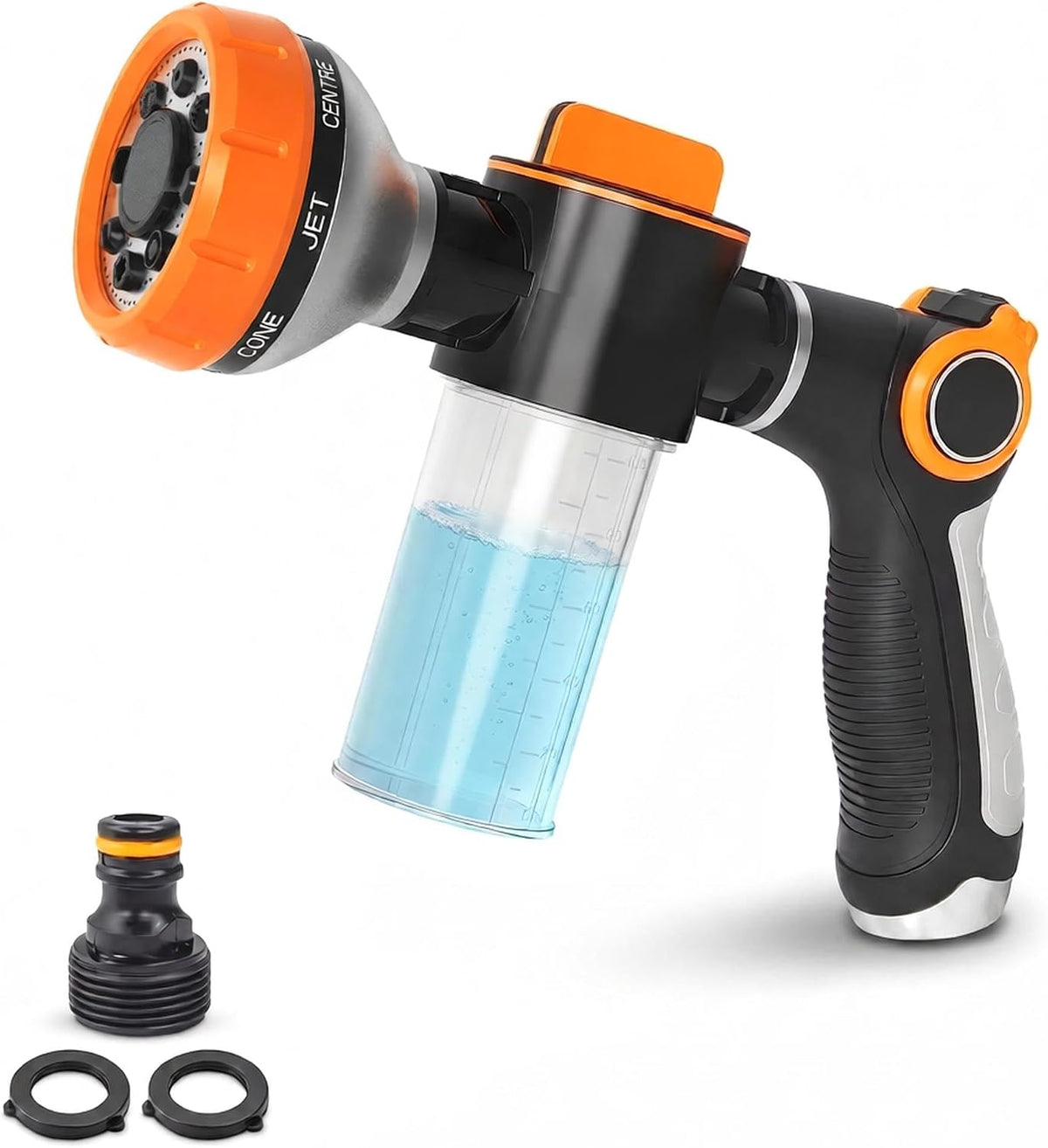 Garden Hose Nozzle with Soap Dispenser, 8 Patterns (Black, Orange)