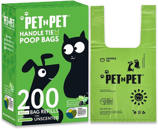 Pet N Pet 200 Counts Unscented Dog Poop Bags with Tie Handles, 41% Plant Based & 59% PE Poop Bags for Dogs, Extra-Thick Doggie Poo Bag, Pet Waste Bag