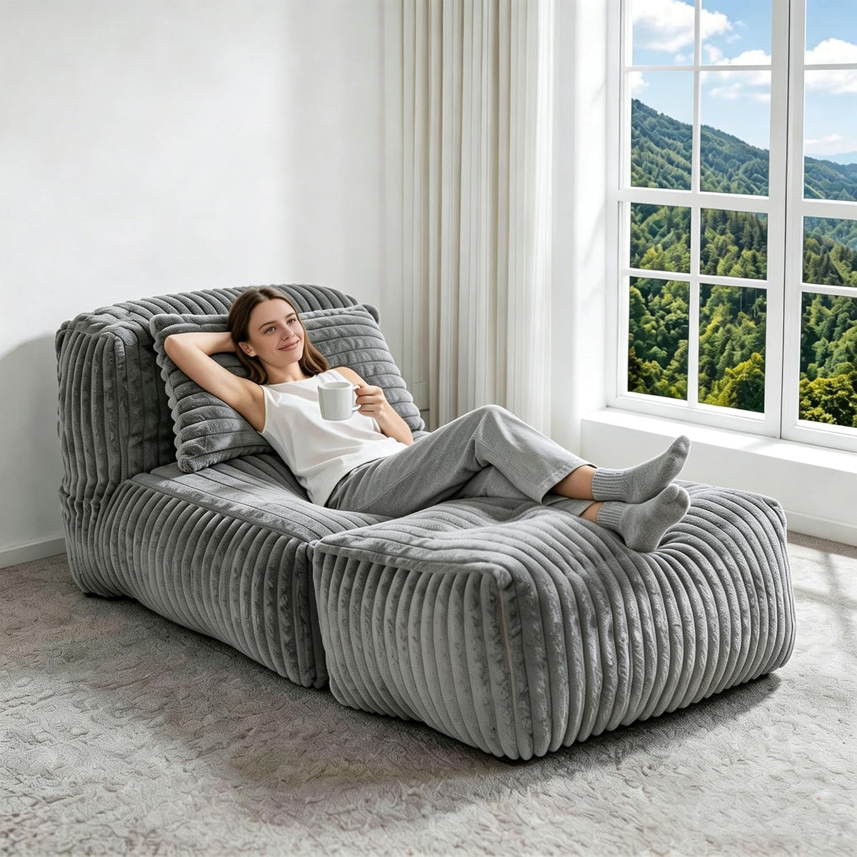 Big Bean Bag Lounger Sofa with Pillow, Large Bean Bag Chairs for Adults, Oversized Beanbag Sofa, Comfy Bean Bag Couch with Memory Foam Filled for Living Room, Bedroom, Gray