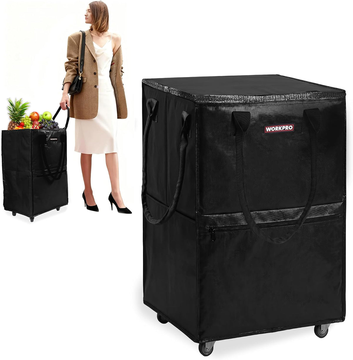 WORKPRO Large Rolling Grocery Bag, 36-Gallon Rolling Tote with 5 Wheels
