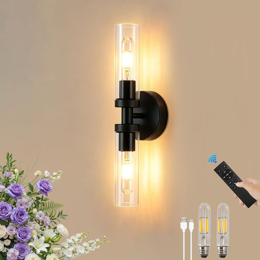 Battery Operated Wall Sconce Black-1Pack, 330° Rotation 3000K-6000K Dimmable Wireless Wall Sconce with Clear Glass 10400Mah USB Rechargeable Wall Lights with Remote Bulbs Included