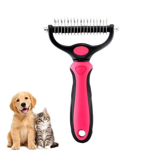 2-In-1 Double-Sided Pet Grooming Comb for Dogs & Cats - Deshedding Brush & Rounded-Tooth Dematting Tool | Painlessly Removes Knots, Tangles, Loose Undercoat & Fur in Thick/Long Coats (Pink)
