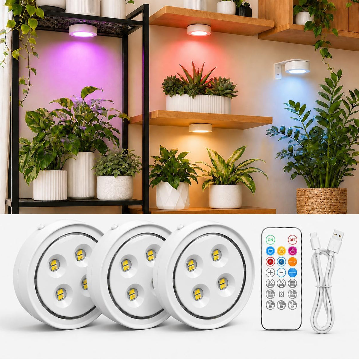 3 Pack Rechargeable Grow Light for Indoor Plants, Full Spectrum Grow Lamp