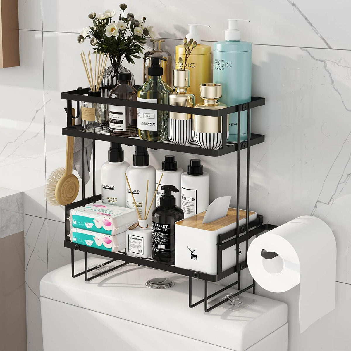 Godboat 2-Tier over Toilet Storage Shelf, Wall-Mount with 2 Hook/Paper Rack