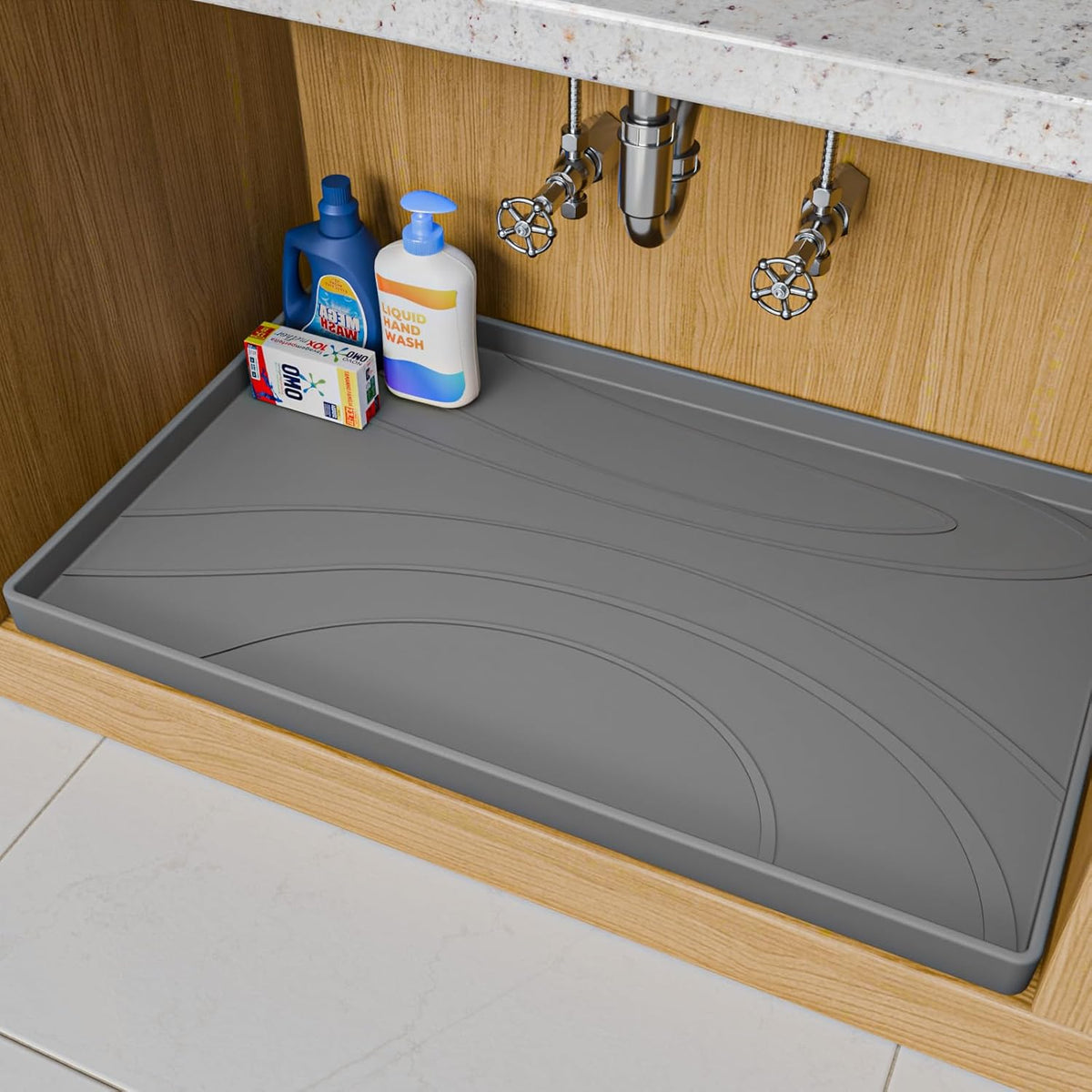 Under Sink Mat 34" X 22", Silicone under Sink Liner for Kitchen and Bathroom, Waterproof Cabinet Protector Drip Tray, Protects Cabinets from Leaks and Spills