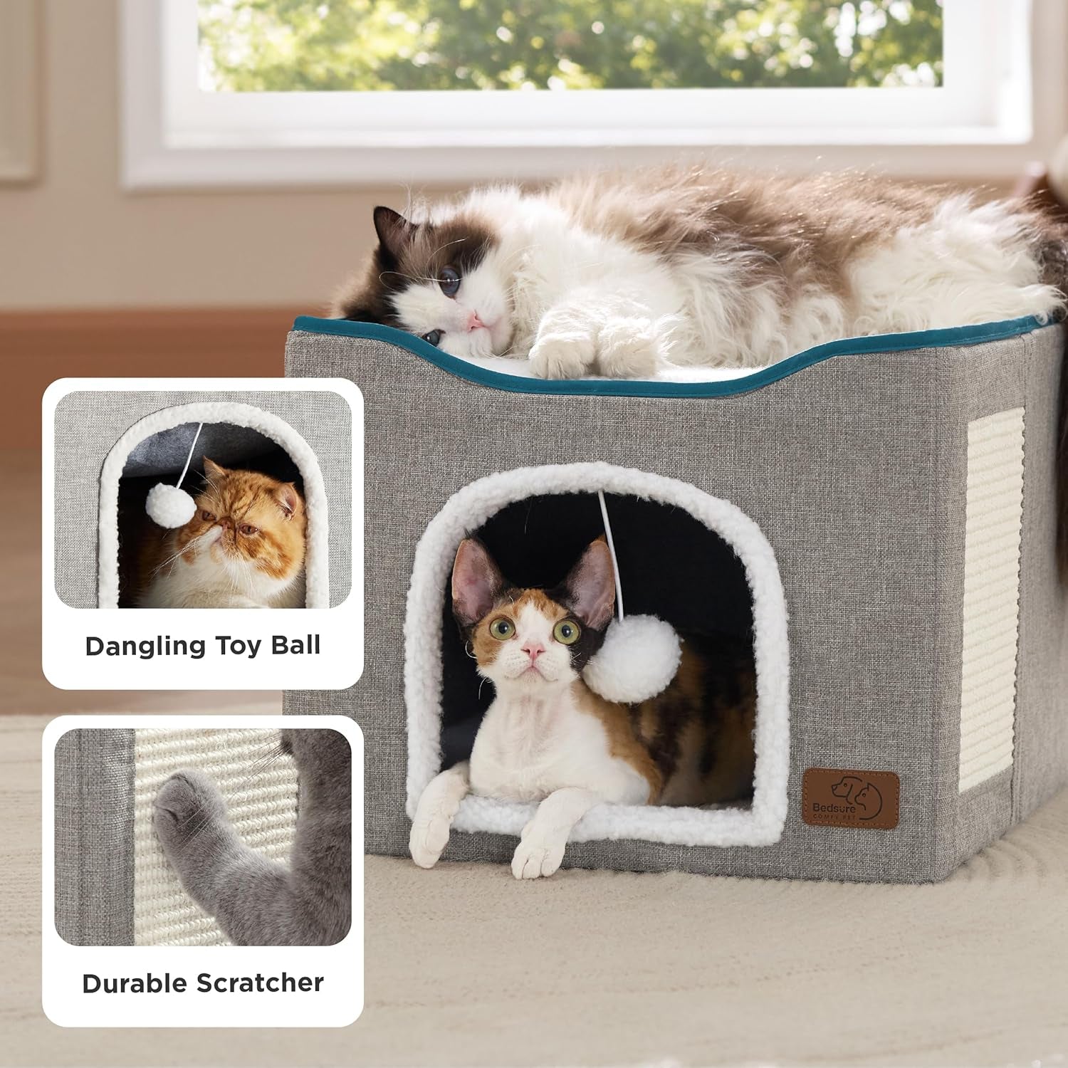 Bedsure Cat Beds for Indoor Cats - Large Cat Cave for Pet Cat House with Fluffy Ball Hanging and Scratch Pad, Foldable Cat Hideaway, 16.5X16.5X13 Inches, Grey
