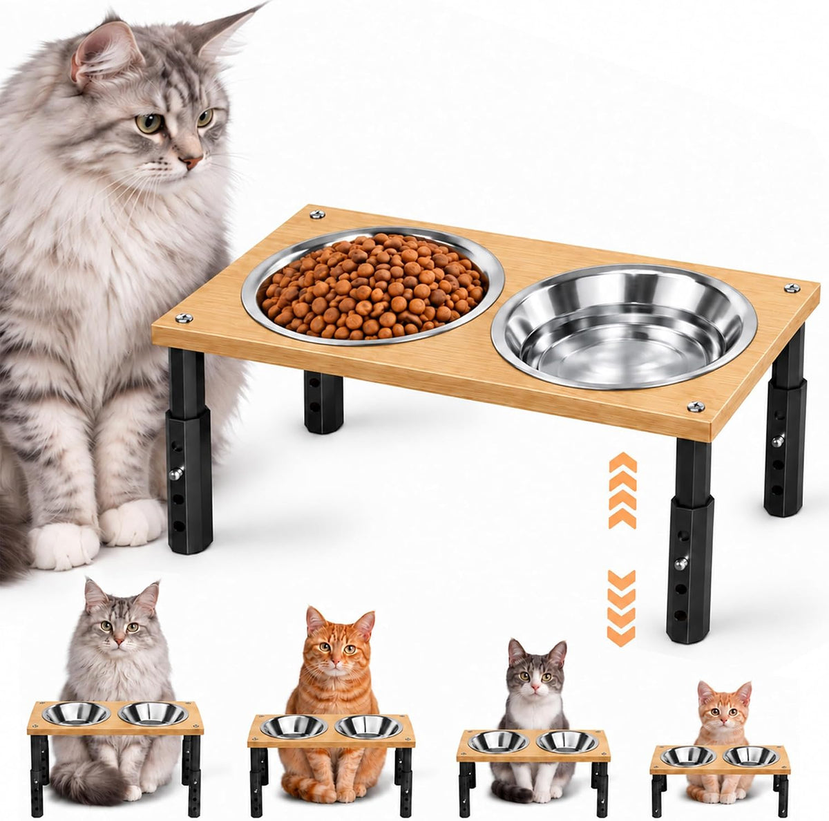 ECOLOVI Elevated Cat Bowls, 4 Adjustable Heights & Tilt Angle Cat Food Bowl Stand with Stainless Steel Bowls, Small Dog Bowls Elevated, Wooden Raised Feeder, Natural Wood