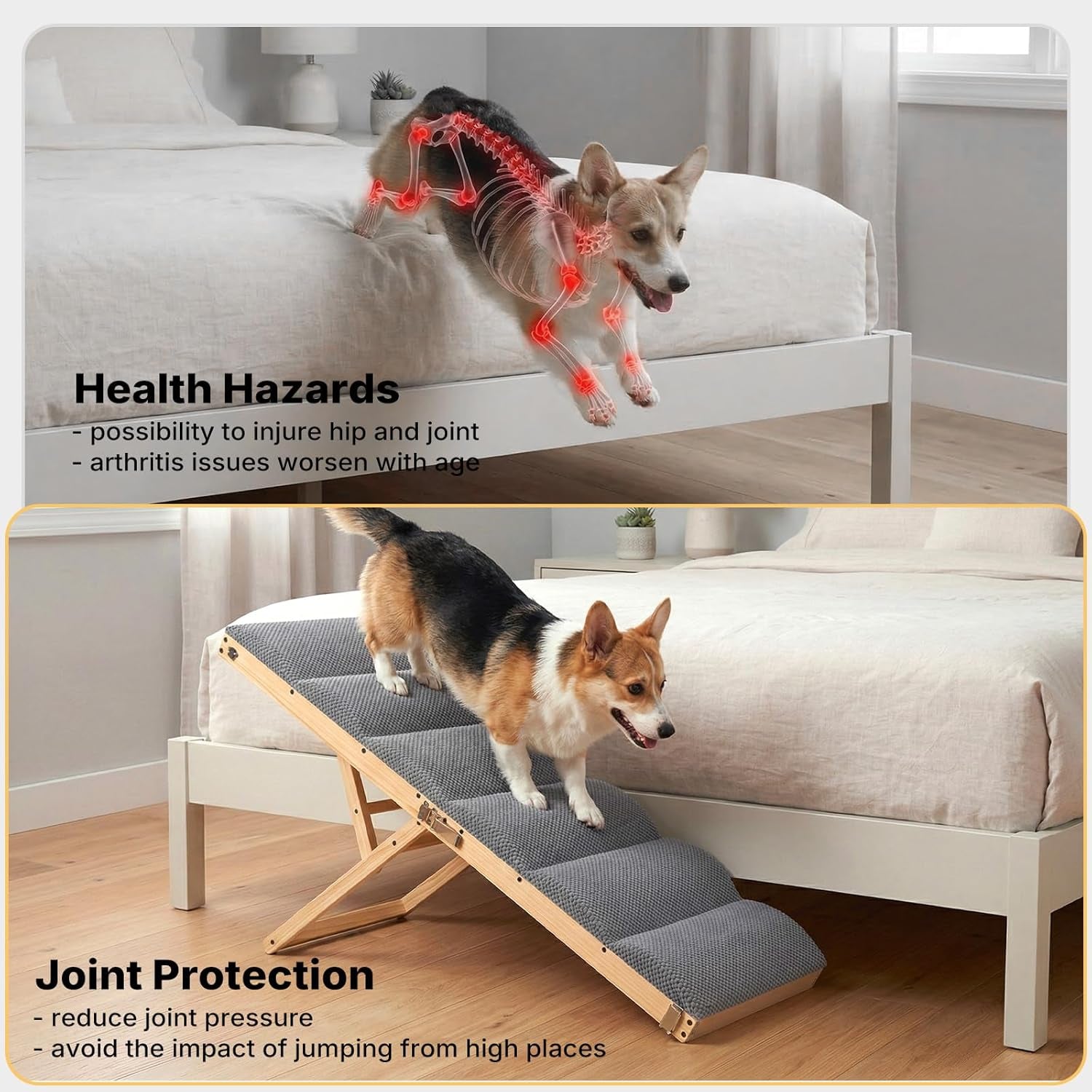 Veehoo Dog Ramp for Bed Couch for Small to Large Dogs, Folding Ramp for Dogs to Get on Bed 4 Adjustable Height from 13.8" to 20.5", Wooden Pet Cat Stairs Doggie Steps with Foam Padding, up to 130Lbs