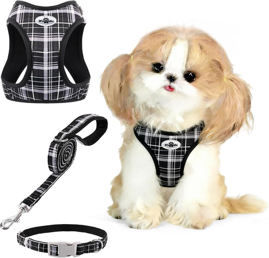Gyuzh Cat Harness and Leash Set for Puppies - 3 Piece Step in No Pull Vest & Collar, Extra Small Kitten Harness, Breathable Reflective Plaid, Padded Leash (Black, S)