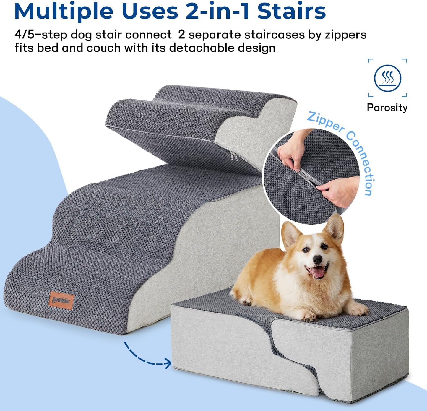 ZOMISIA Dog Stairs Ramp for High Beds - 5 Step Pet Stairs for Small to Large Dogs, 35D Foam Dog Steps for Couch with Non-Slip Bottom Grey