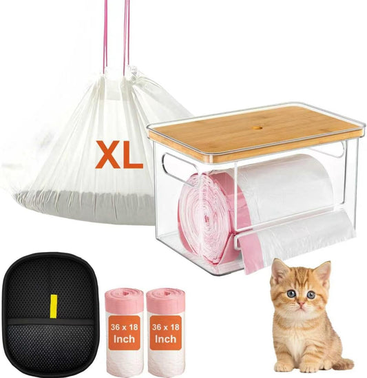 3-In-1 Cat Litter Box Liners XL & Cat Litter Bags Dispenser & Pet Hair Removal Glove for Dogs & Cats | Liner Bags 20 Count for Pet Cat Litter Tray | Stackable Design for Litter Bag Dispenser