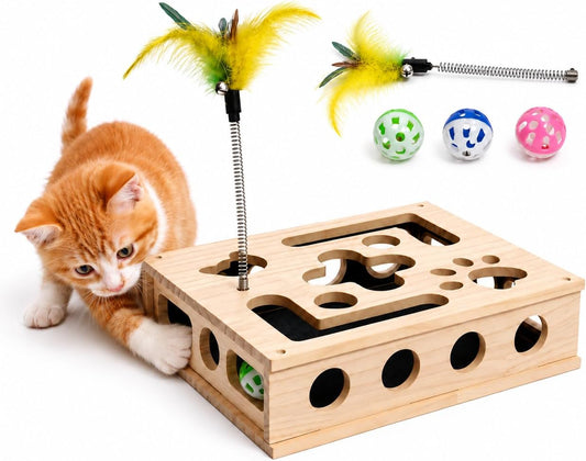 Cat Nail File Scratcher, Bamboo Interactive Puzzle Toy Box for Indoor Cats