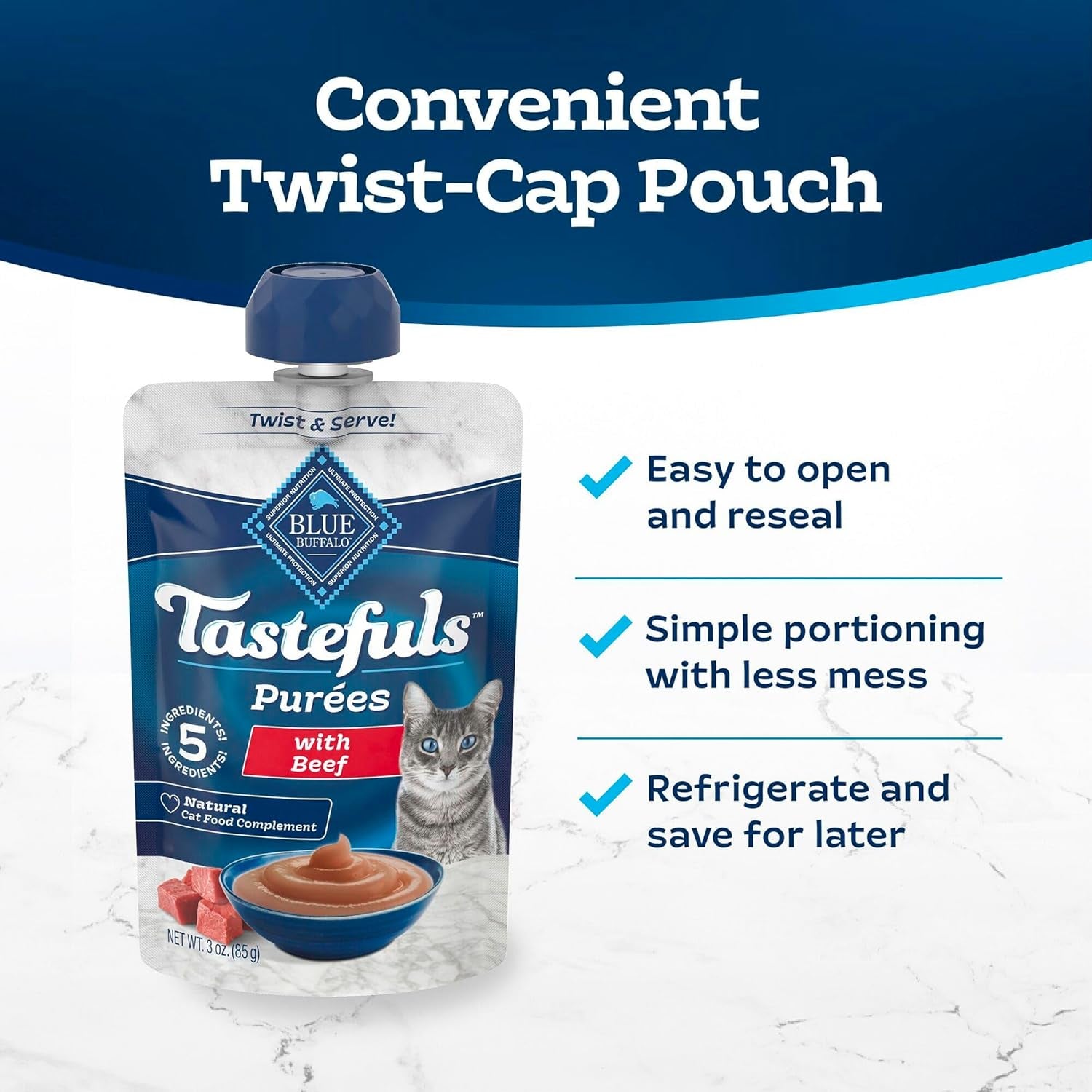 Blue Buffalo Tastefuls Purées Natural Cat Food Complement with 5 Ingredients, Chicken, Tuna, Beef, 3-Oz Resealable Pouches, 12-Ct Variety Pack